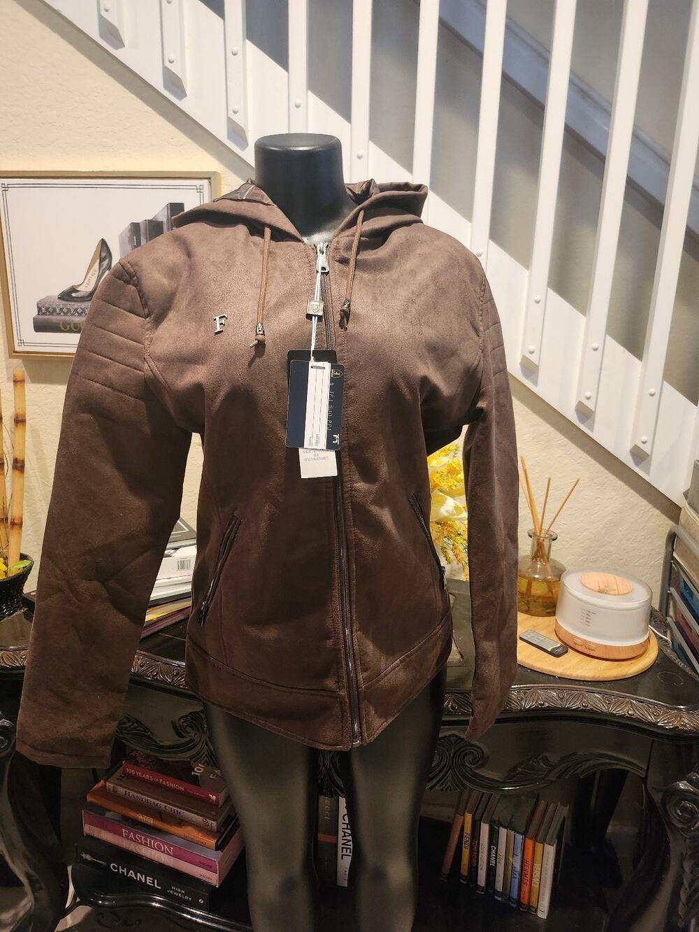 F Collection Ferrari Vegan Leather Brown Hooded Bomber Jacket size XL NEW